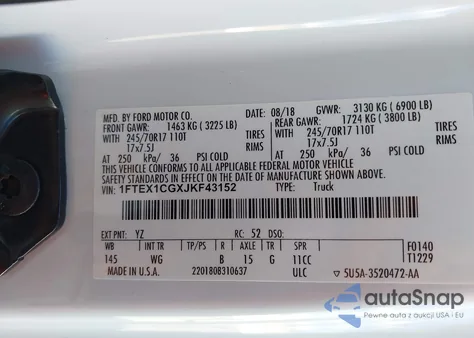 2018 Ford F-150 Xl z USA, uszkodzony, nr VIN 1FTEX1CGXJKF43152